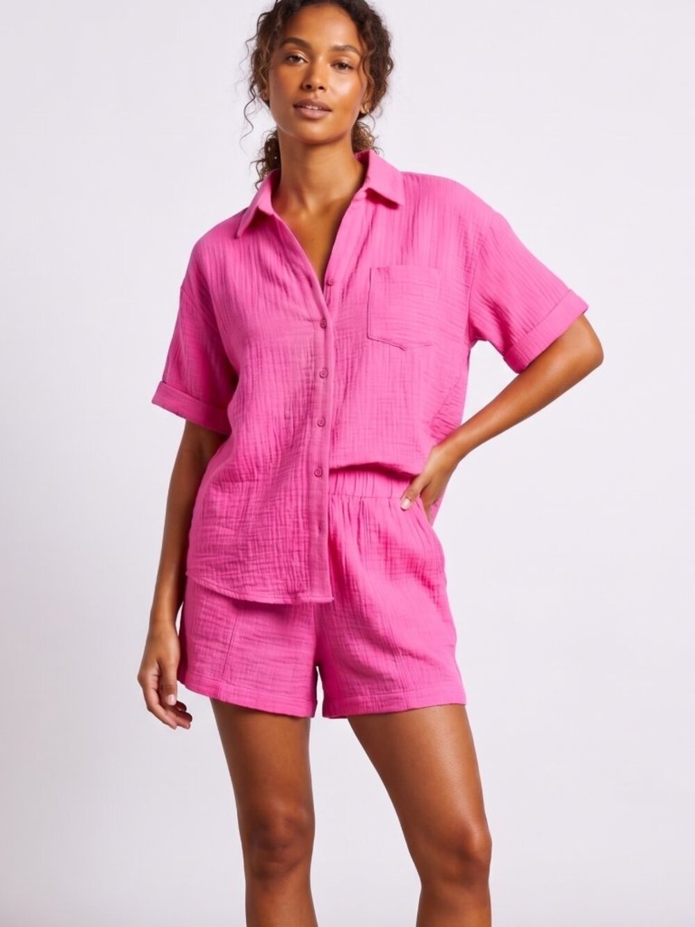 NWT | Hot Pink 2 Piece Cotton Gauze Shorts Set Short Sleeve Pockets | Small